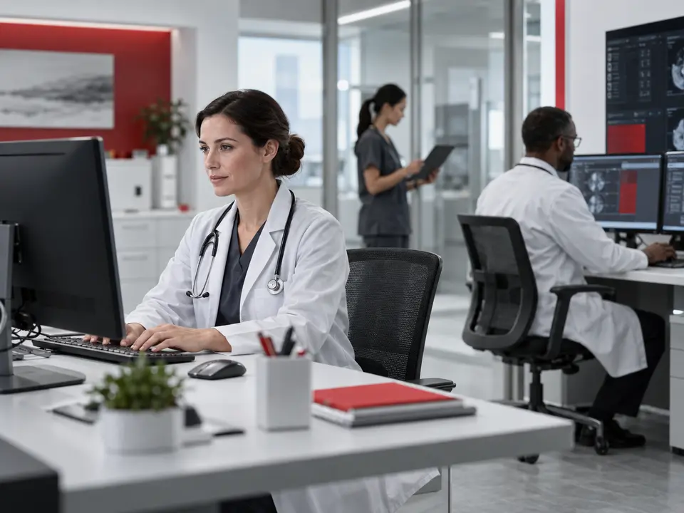 Profesionales de salud utilizando sistemas digitales